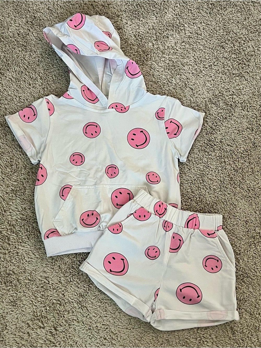 Lola + The Boys White Hoodie & Shorts Set with Pink Smiley Print